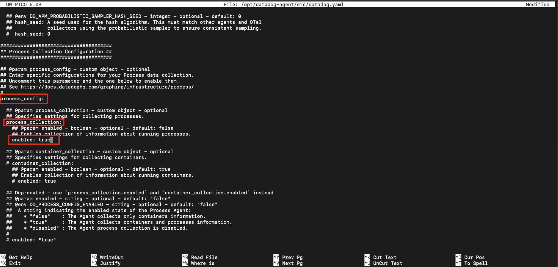 Screen capture of the DataDog configuration file open in a text editor with the process collection option set to enabled.