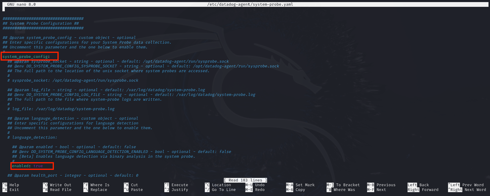 Editing the DataDog system probe configuration file in GNU nano to set system probe settings in Linux.