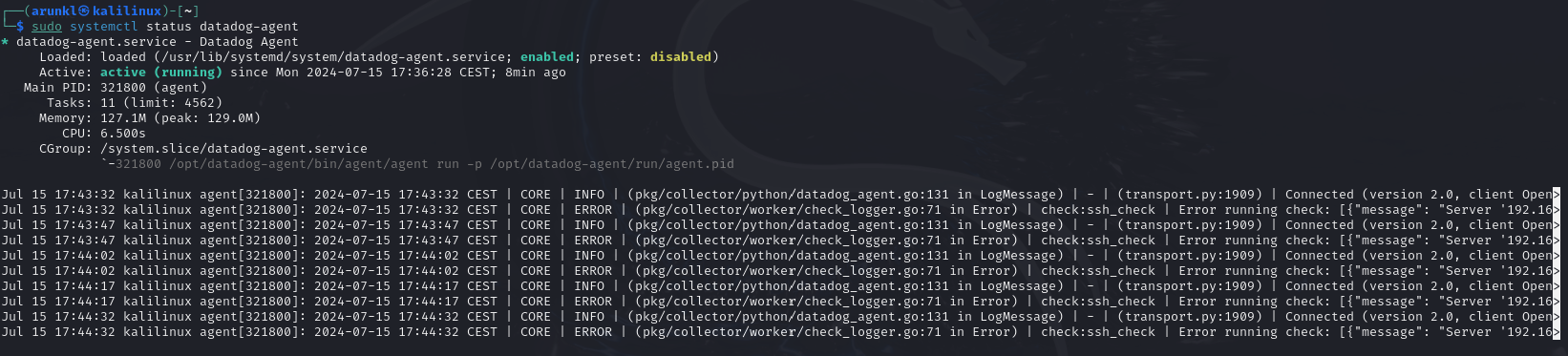 Terminal output showing systemctl status of datadog-agent service with running state and recent log entries.