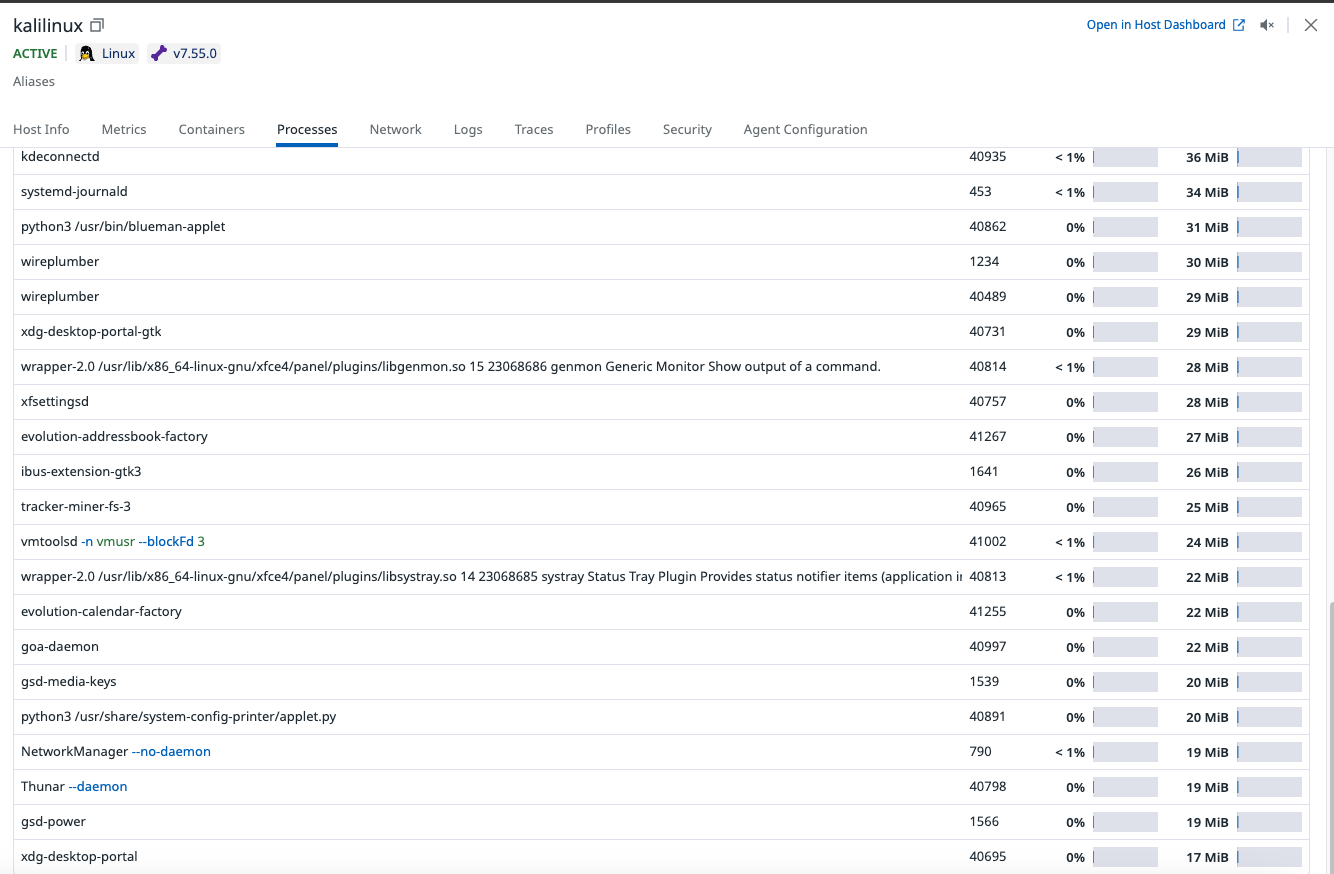 Process list displaying running applications and services on a Kali Linux system, showing process names, IDs, CPU usage, and memory consumption.