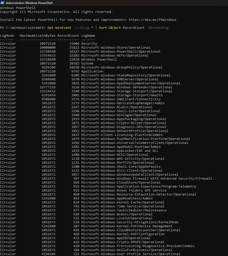 Screenshot of a PowerShell window displaying a list of Windows Event Logs sorted by record count.