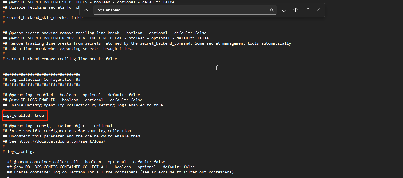 Screenshot of a configuration file with the 'logs_enabled' parameter set to true for activating log collection in Datadog Agent.