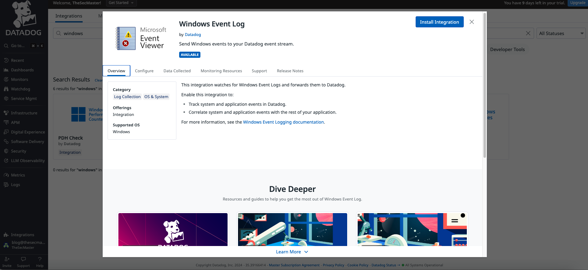 Datadog platform screenshot displaying the 'Windows Event Log' integration page with options to install and view documentation.