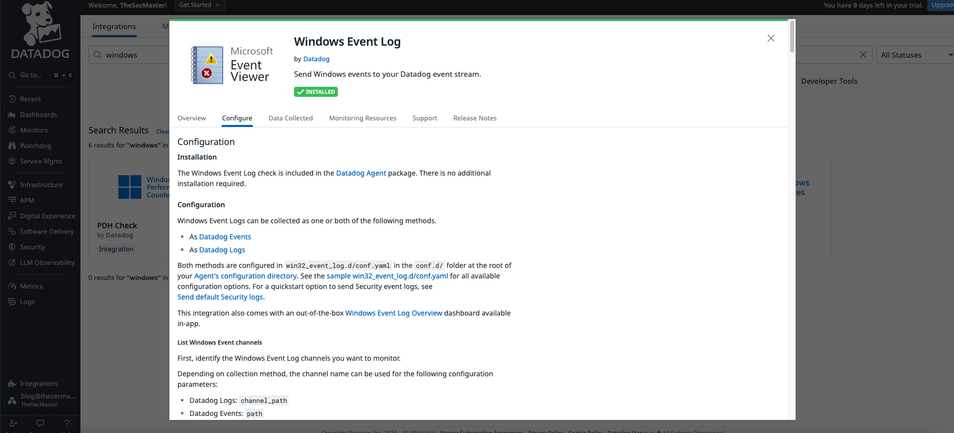 Screenshot of the Datadog interface showing the configuration tab for the 'Windows Event Log' integration, detailing setup instructions.