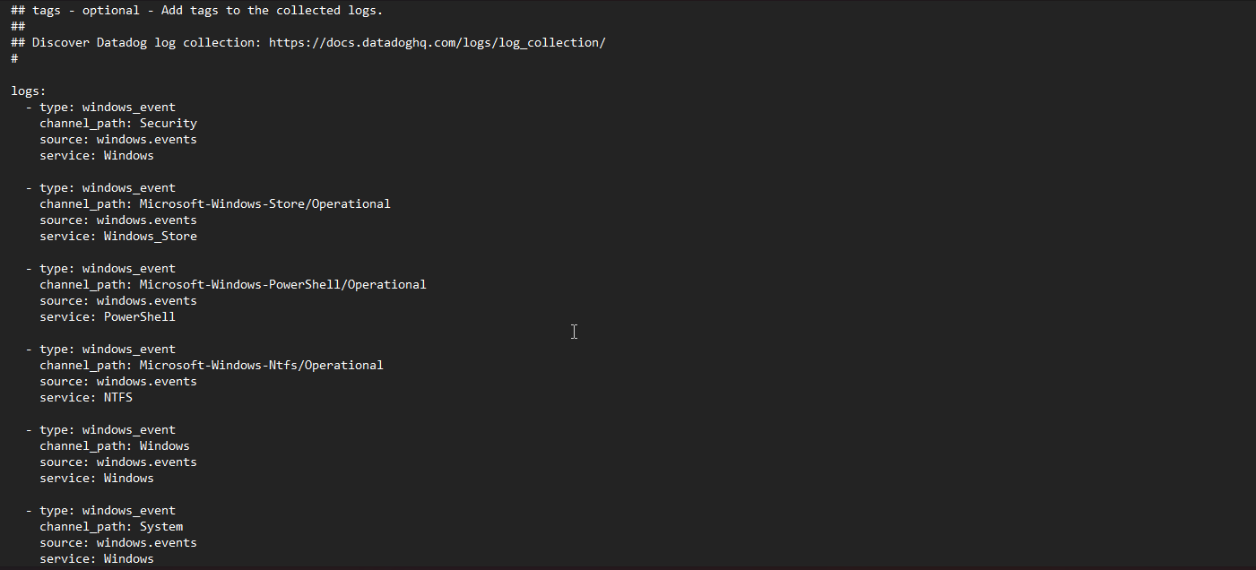 Text editor showing configuration settings in a YAML file for collecting specific Windows Event Logs as Datadog logs.