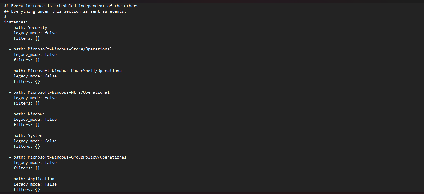 YAML configuration listing Windows event log paths with legacy mode disabled and empty filters.