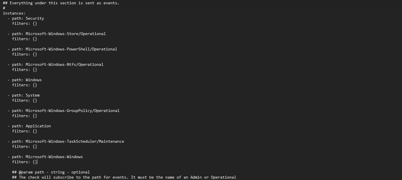 YAML configuration listing Windows event log paths with empty filters for various system components and services.