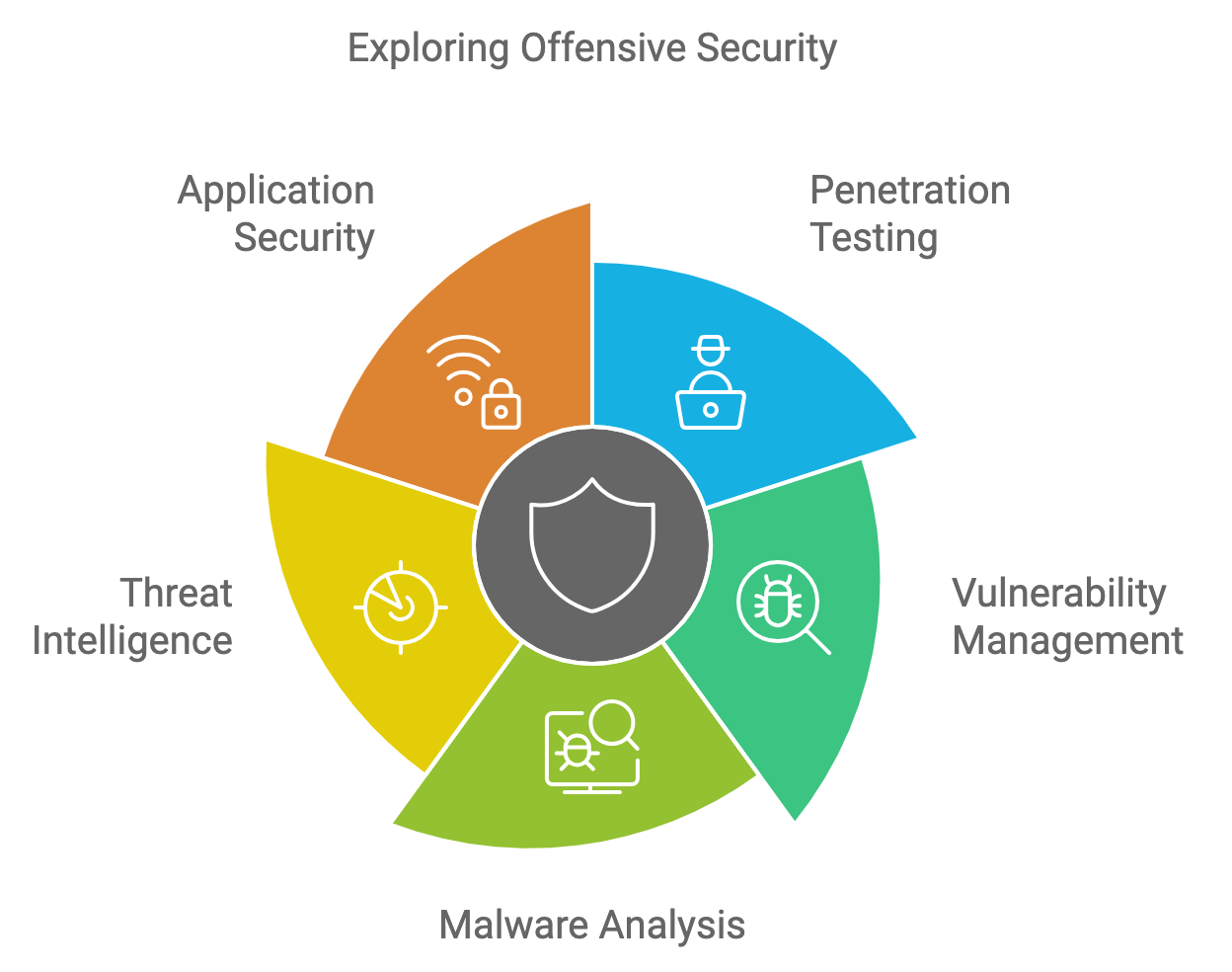 Colorful pie chart illustrating different aspects of offensive security: Application Security, Penetration Testing, Vulnerability Management, Malware Analysis, and Threat Intelligence.
