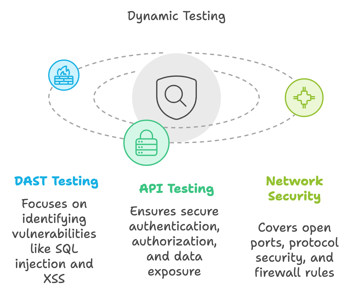Diagram showing components of dynamic testing: DAST Testing, API Testing, and Network Security, highlighting their focus areas.