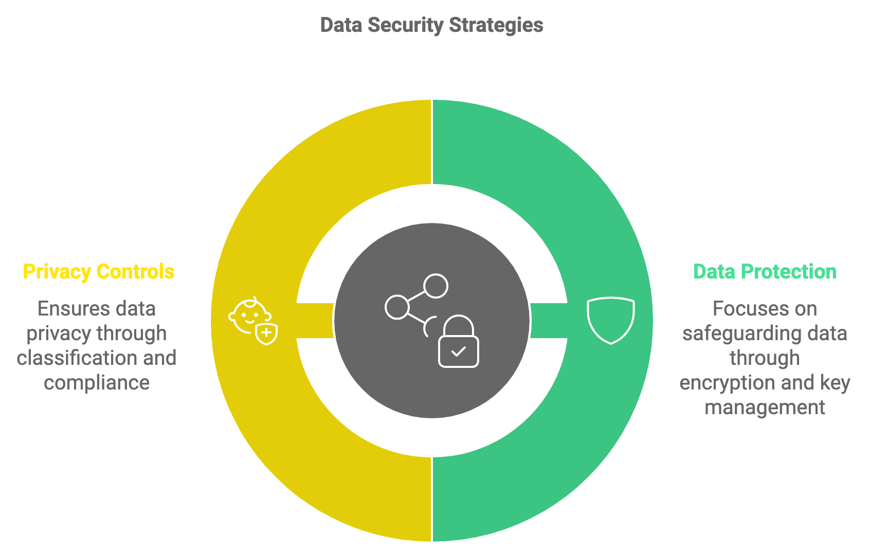 Infographic displaying data security strategies, highlighting privacy controls and data protection with encryption and compliance.