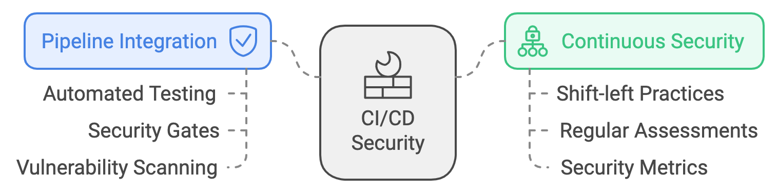 Flowchart depicting CI/CD security process with Pipeline Integration, CI/CD Security core, and Continuous Security enhancements.