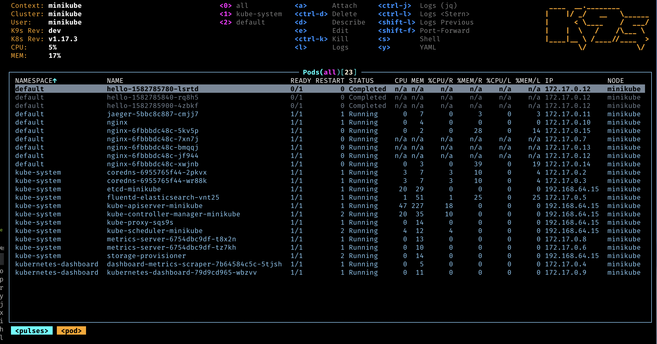 Screenshot of the K9s tool displaying various Kubernetes pods and their statuses on a Minikube cluster.