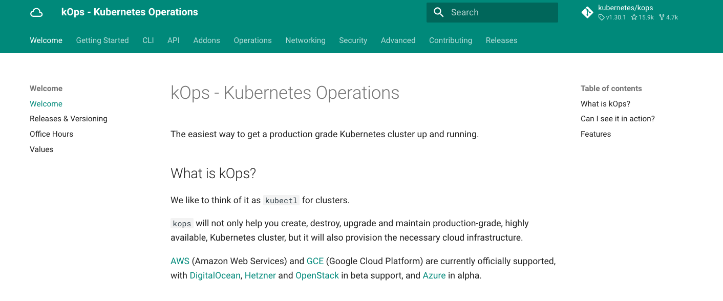 Screenshot of the kOps - Kubernetes Operations webpage, outlining the tool's features and support for cloud platforms.