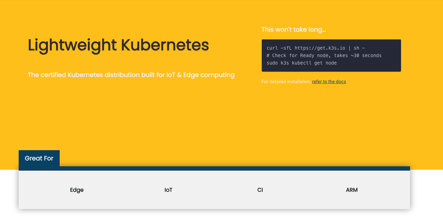 Visual guide highlighting K3s as a lightweight Kubernetes distribution designed for IoT and Edge computing, with a quick install command shown.