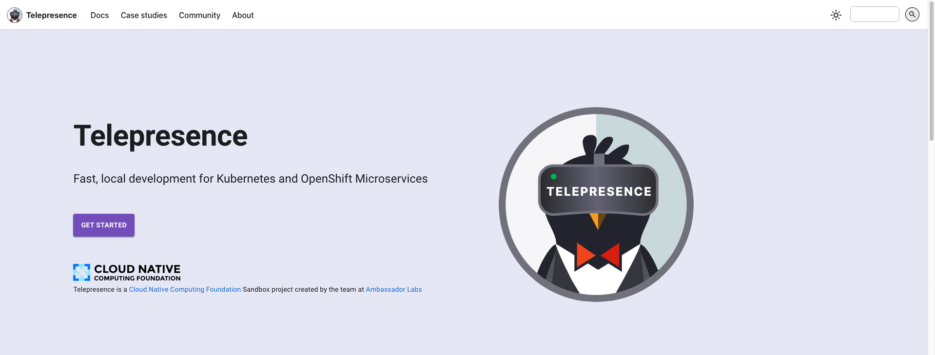 Homepage of Telepresence tool, emphasizing fast and local development for Kubernetes and OpenShift Microservices.