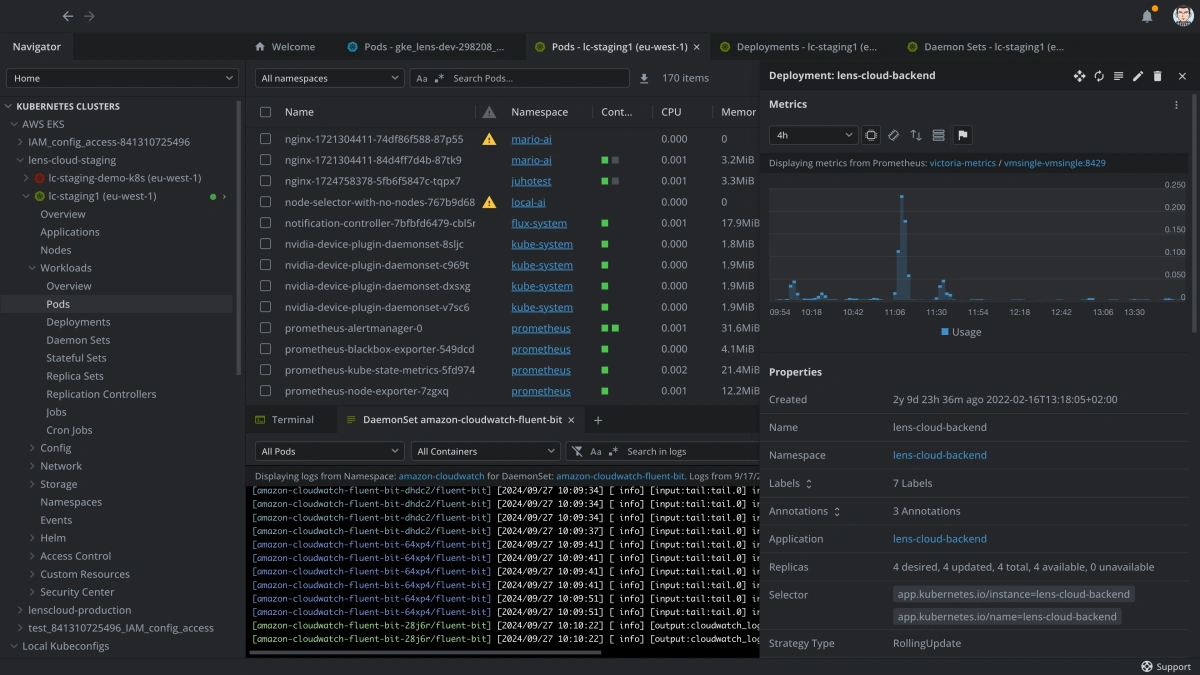 Detailed view of Kubernetes cluster management in Lens IDE, showing pods, deployments, and live metrics.
