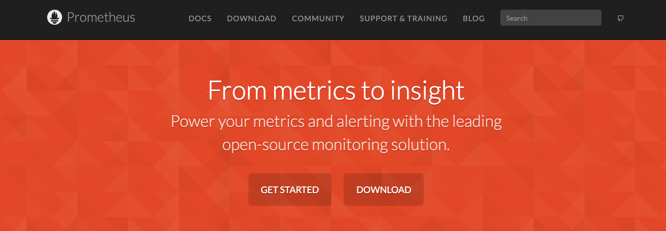 Prometheus homepage highlighting its open-source monitoring solution for metrics and alerting.
