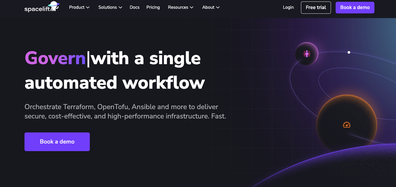 Spacelift homepage banner illustrating automated workflows for infrastructure management using Terraform, OpenTofu, and Ansible.