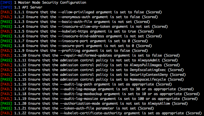 Output of kube-bench showing the security compliance check results for a Kubernetes master node.