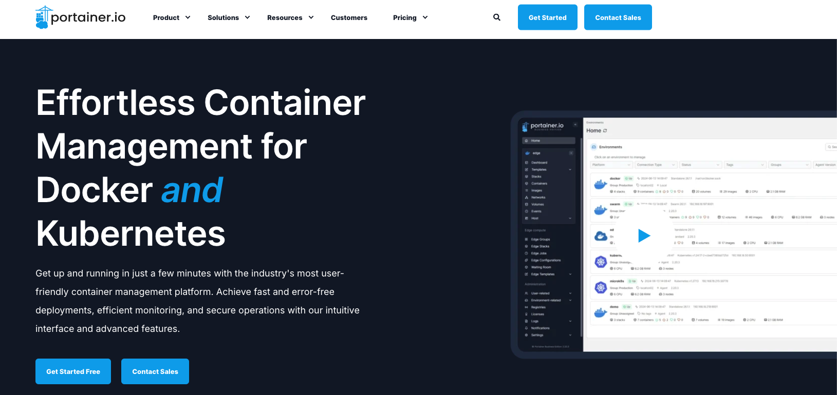 Portainer interface showing container management for Docker and Kubernetes environments.
