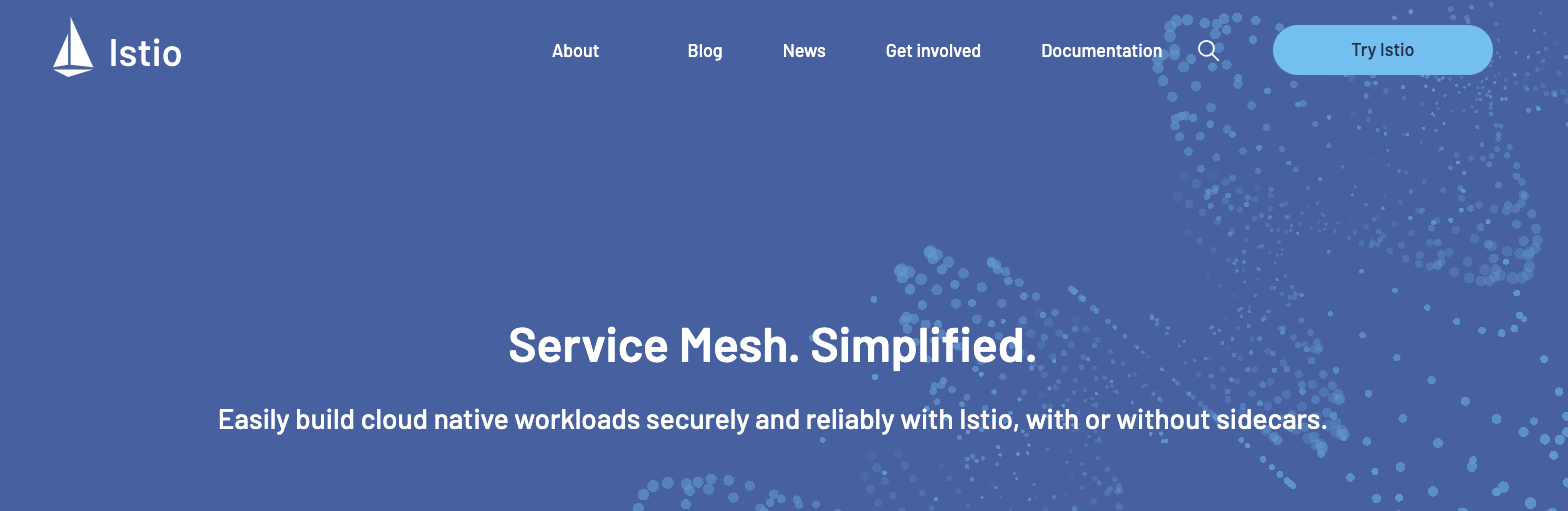 Istio homepage featuring a service mesh solution for cloud-native workloads.