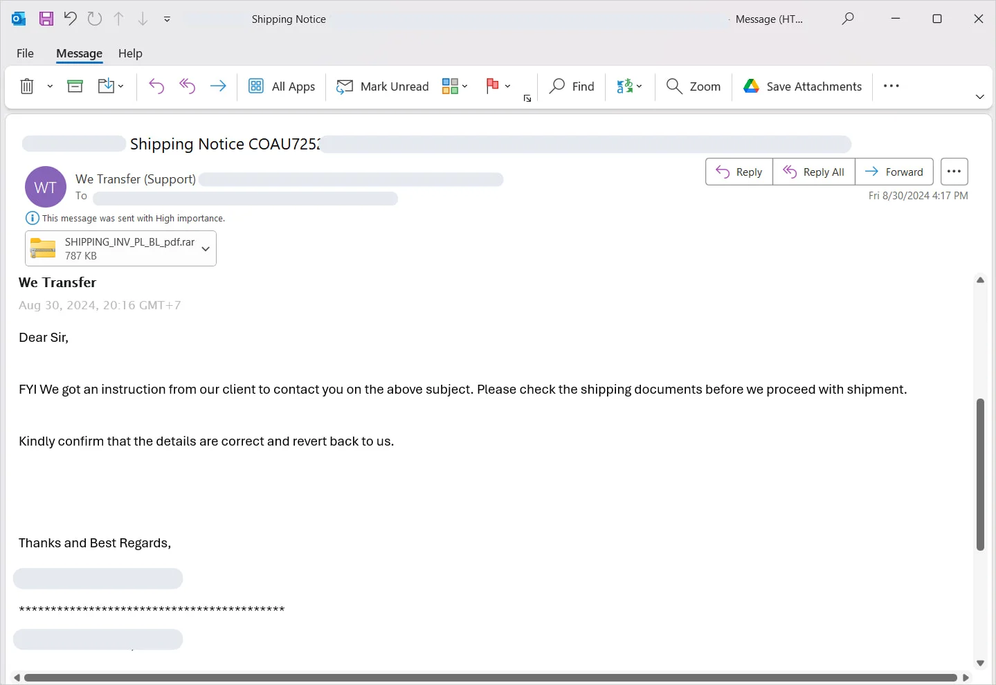 Screenshot of a phishing email with a suspicious RAR file attachment labeled as a shipping notice.