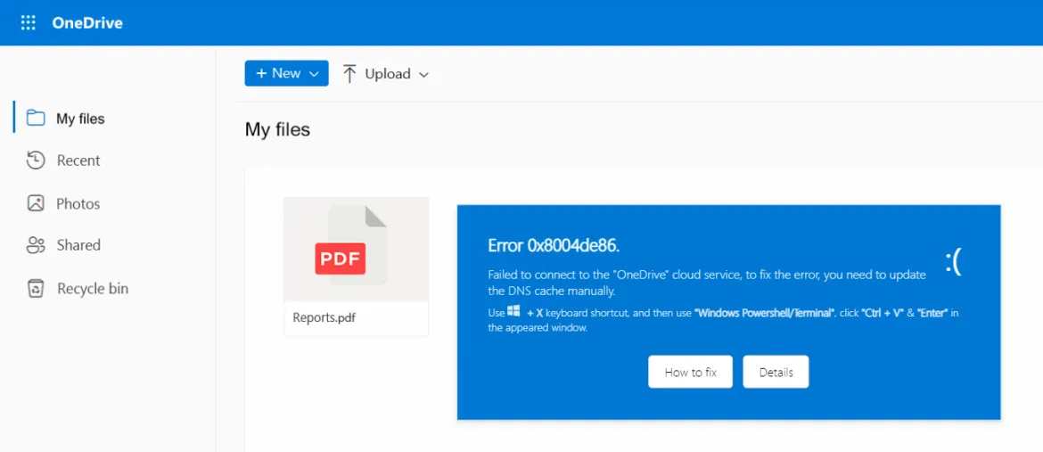 Screenshot of a phishing attempt mimicking OneDrive with a fake error message and malicious action prompts.