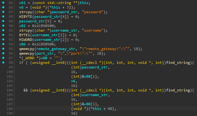 Decompiled source code displaying potential security vulnerabilities with hardcoded credentials and memory operations.