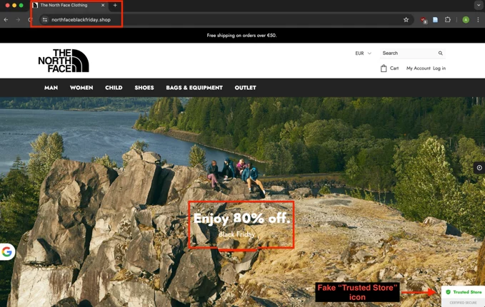 Screenshot of a phishing website mimicking The North Face with a fake Black Friday offer and a counterfeit 'Trusted Store' badge.