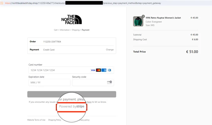 Screenshot of a phishing payment page mimicking The North Face, falsely displaying 'Powered by Stripe' for credibility.