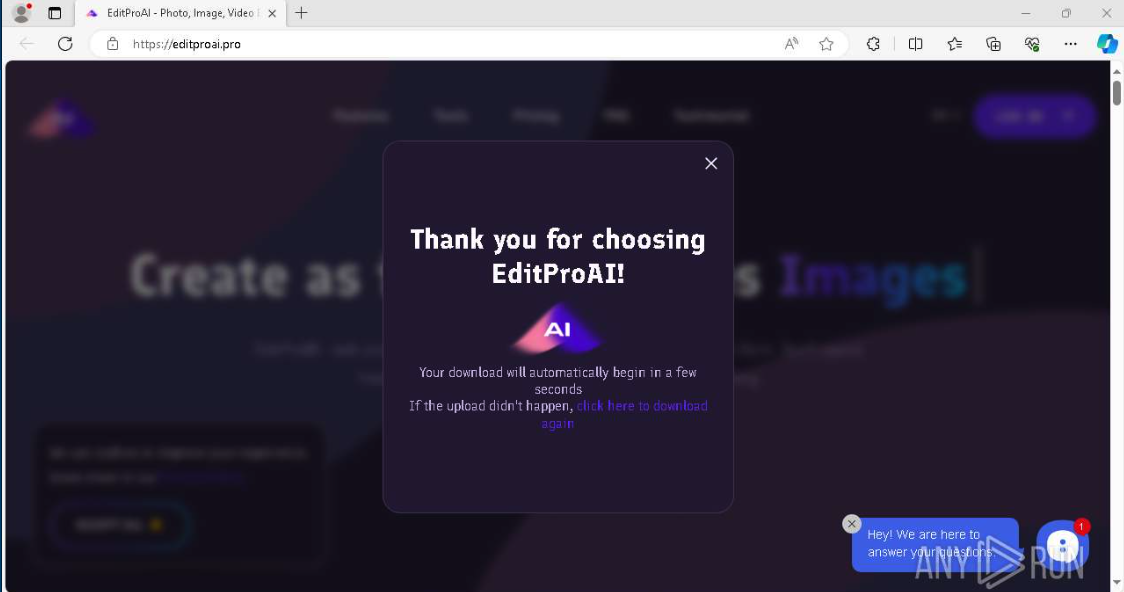 Popup from the EditProAI website displaying a thank-you message with a download link and a chat widget in the corner.