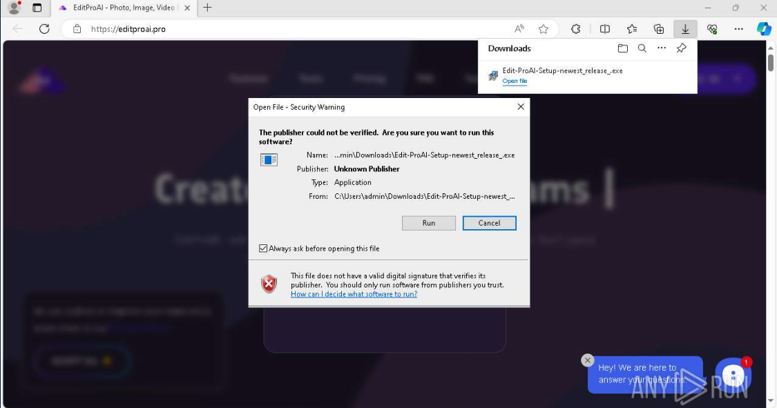 Security warning dialog displaying an unverified application download from EditProAI with the publisher listed as 'Unknown Publisher.