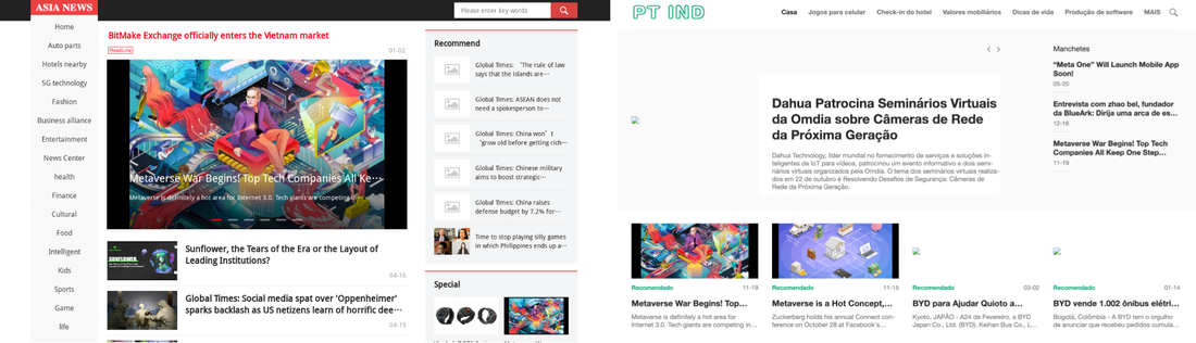 Screenshot of inauthentic news sites operated by Haixun featuring mixed content, including tech, global events, and political narratives.