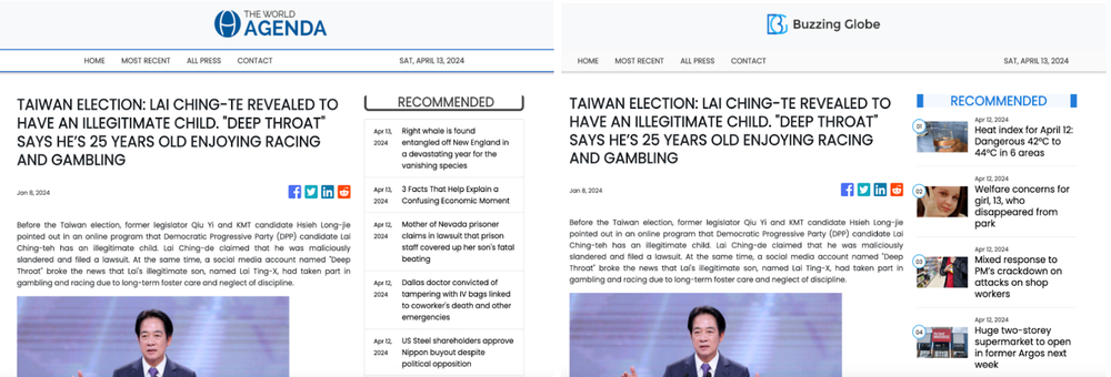 Side-by-side comparison of inauthentic news sites spreading identical narratives about Lai Ching-te ahead of Taiwan's presidential election.