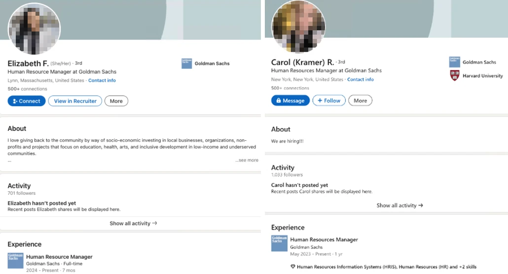 Comparison of two LinkedIn profiles claiming to be HR managers at Goldman Sachs, highlighting potential signs of fake accounts.