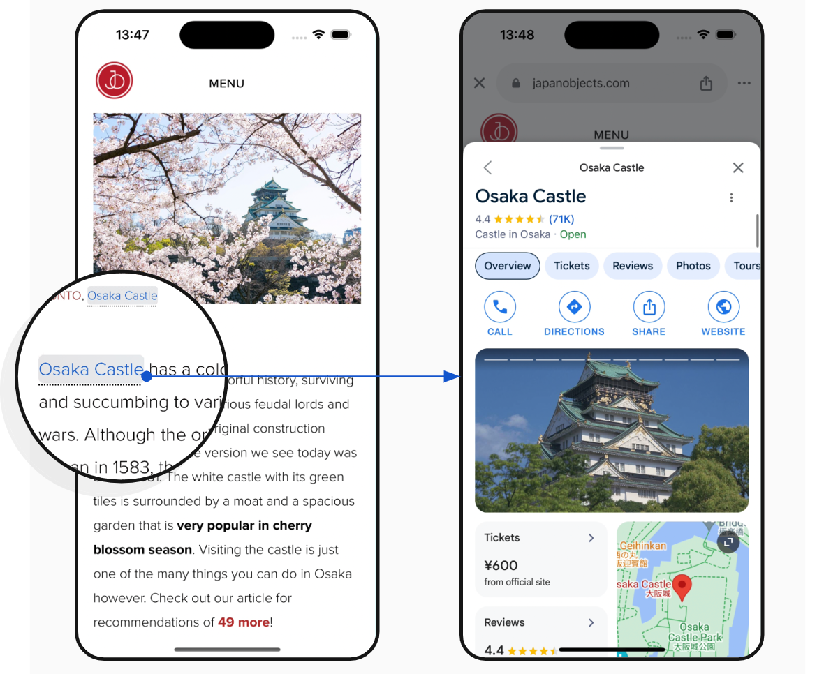 Two smartphone screens showing a travel app interface with photos and details about Osaka Castle, including cherry blossoms views, ratings, tourist information, and a location map.