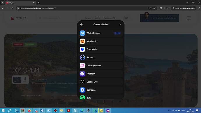 Screenshot of a "Connect Wallet" modal dialog displaying various cryptocurrency wallet options like WalletConnect, MetaMask, Trust Wallet, and others against a blurred background.