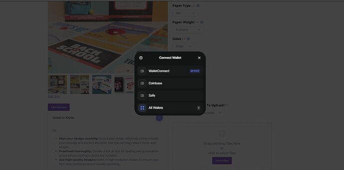 Screenshot of a dark-themed "Connect Wallet" modal overlay showing four wallet connection options against a blurred webpage interface displaying paper settings and thumbnails.