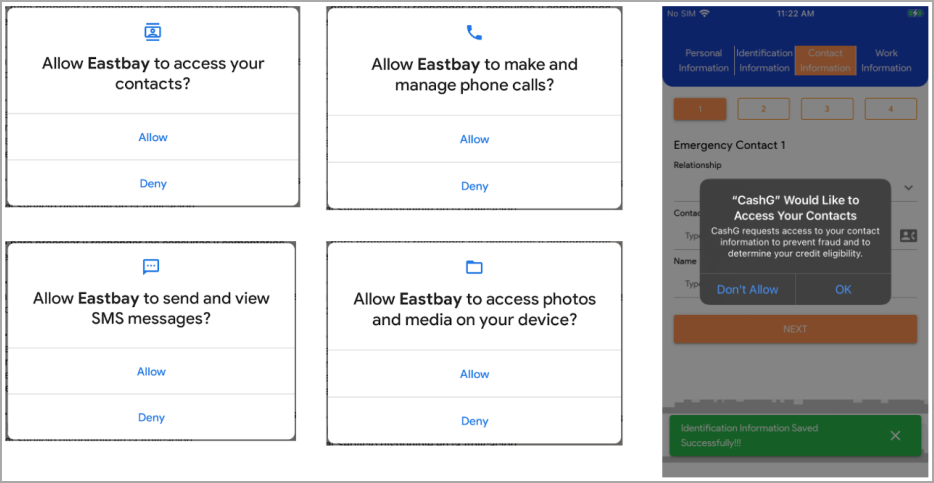 App permission requests for accessing contacts, calls, SMS, and media, highlighting potential privacy concerns.