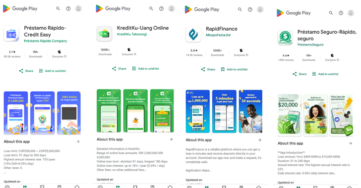 Google Play Store listings of various loan apps with details on ratings, downloads, and app descriptions.