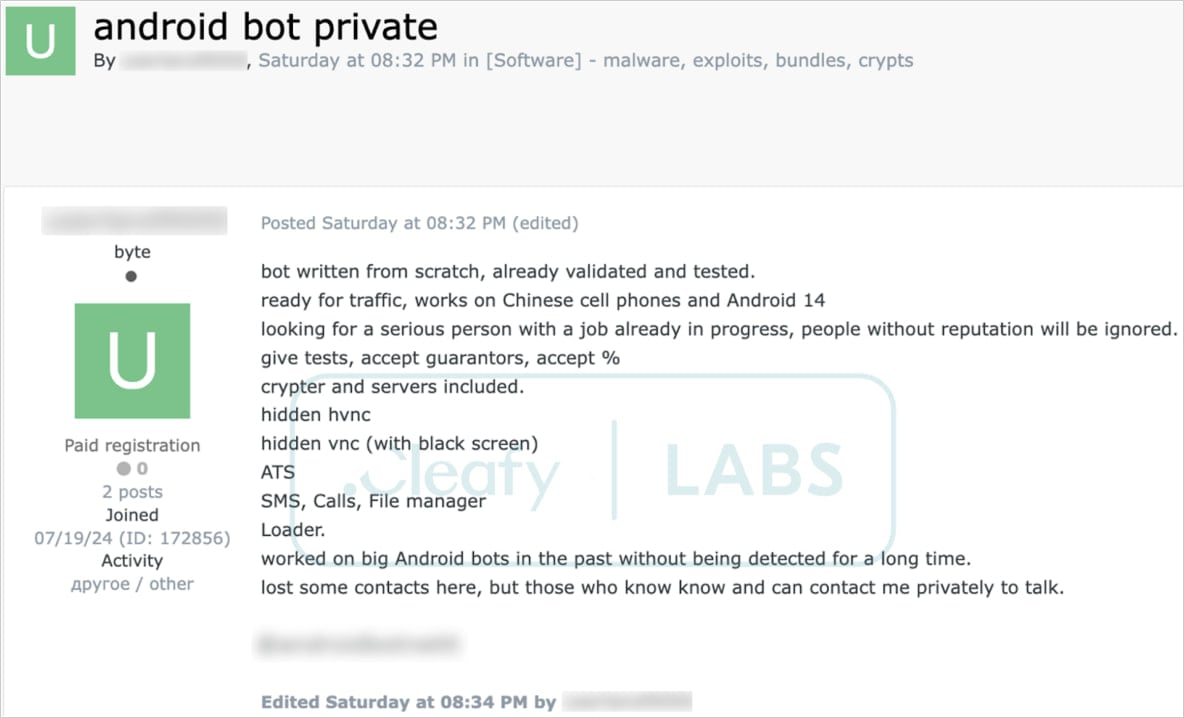 Forum post advertising a private Android bot with malicious capabilities, including hidden VNC and data management features.