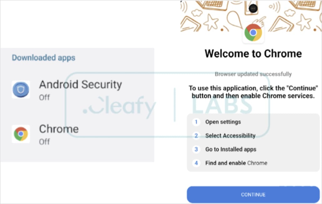 Interface displaying a fake 'Android Security' app and a deceptive Chrome setup prompt instructing users to enable accessibility settings.