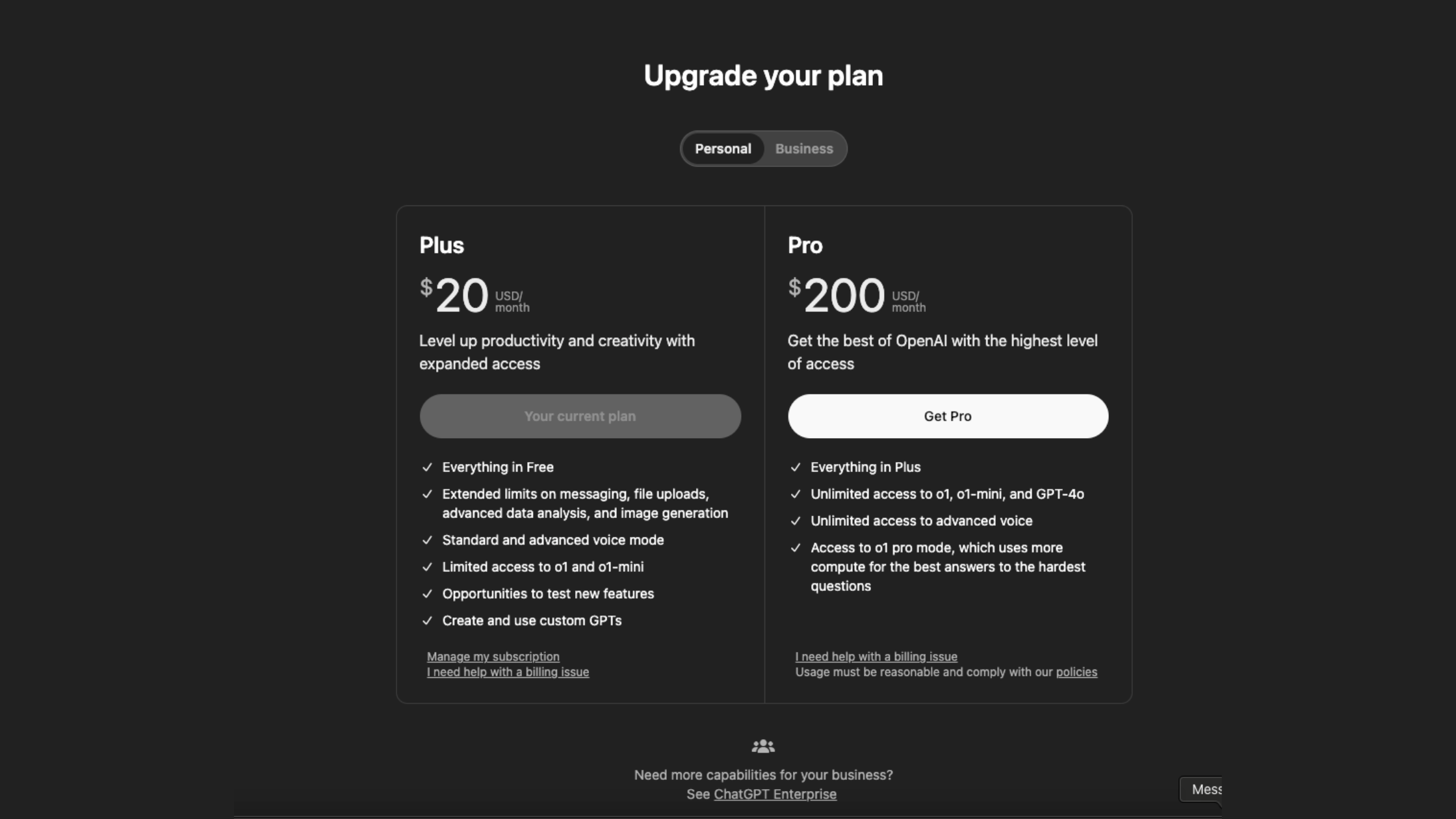 Screen shot of ChatGPT Pro subscription