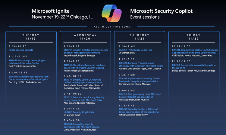 Dark blue schedule grid showing Microsoft Security Copilot event sessions across four days at Microsoft Ignite Chicago, with colorful Microsoft logo and session details in white text.