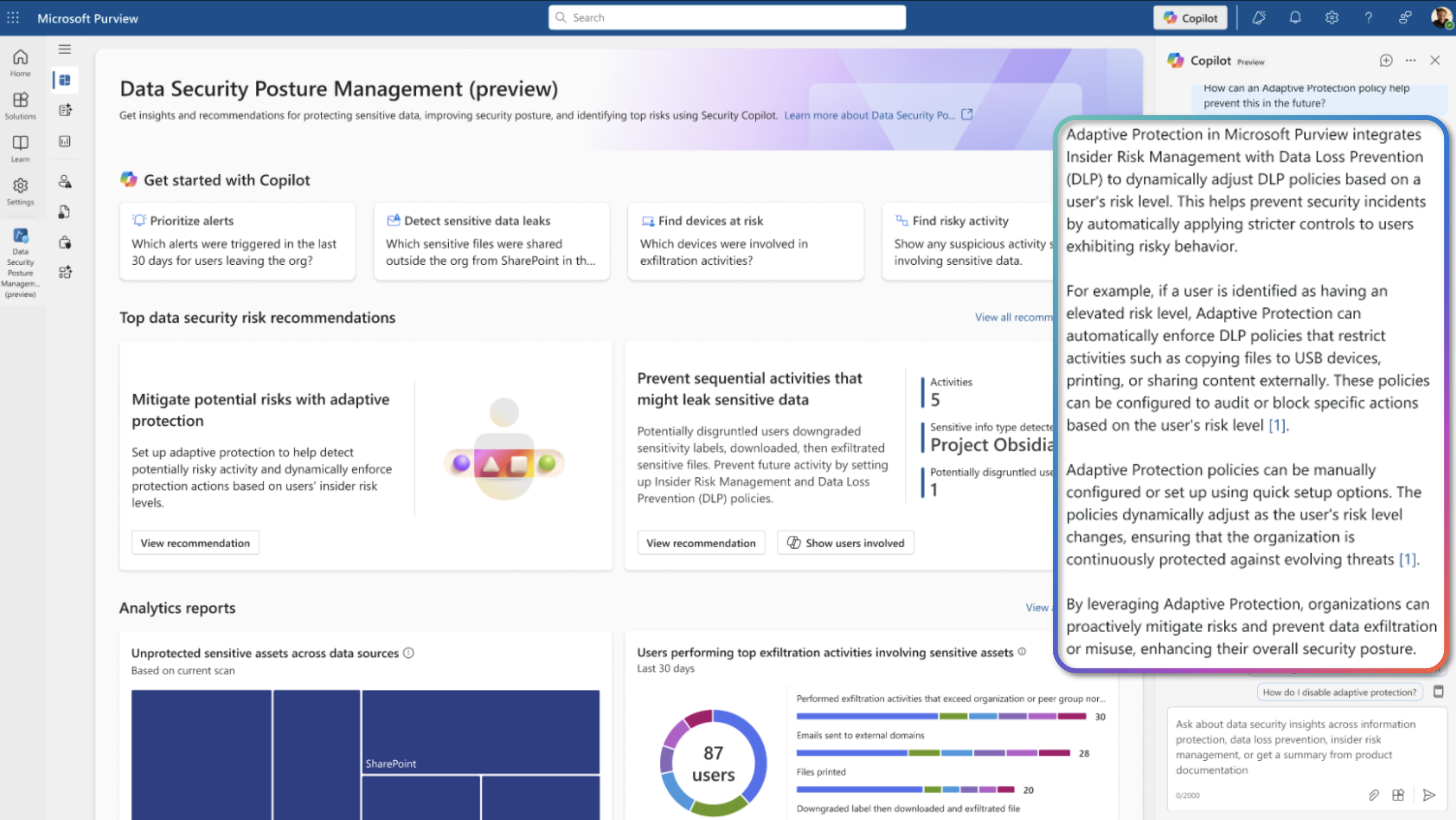 Screenshot of Microsoft Purview interface displaying a dashboard titled "Data Security Posture Management (preview)" with Copilot assistance panel, risk recommendations, and security analytics visualizations.