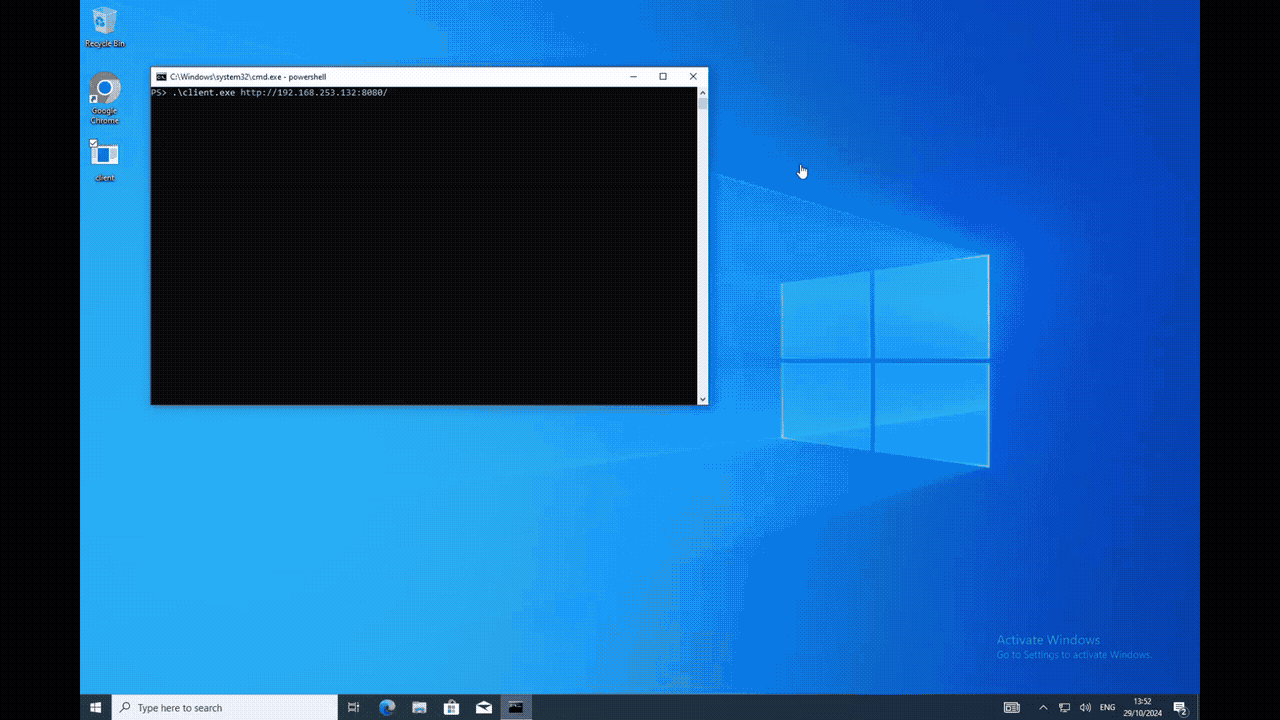 A Windows desktop showing a command prompt executing a client connecting to a server at a specified URL. Demonstration of command-and-control (C2) communication through QR codes, highlighting browser isolation challenges.