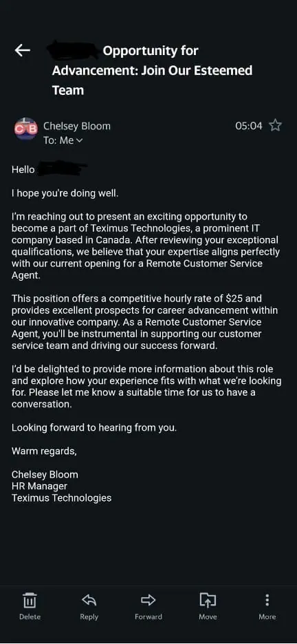 A phishing email titled 'Opportunity for Advancement: Join Our Esteemed Team,' impersonating a company HR representative to lure recipients with a job offer, showcasing typical social engineering tactics.